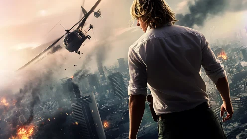Helicopter and armed figure above burning modern cityscape.