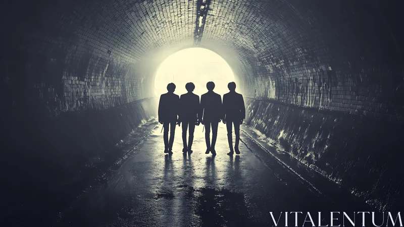 Silhouetted quartet strides toward a gleaming tunnel exit.