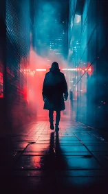 Silhouetted figure in neon alley under moody night fog.