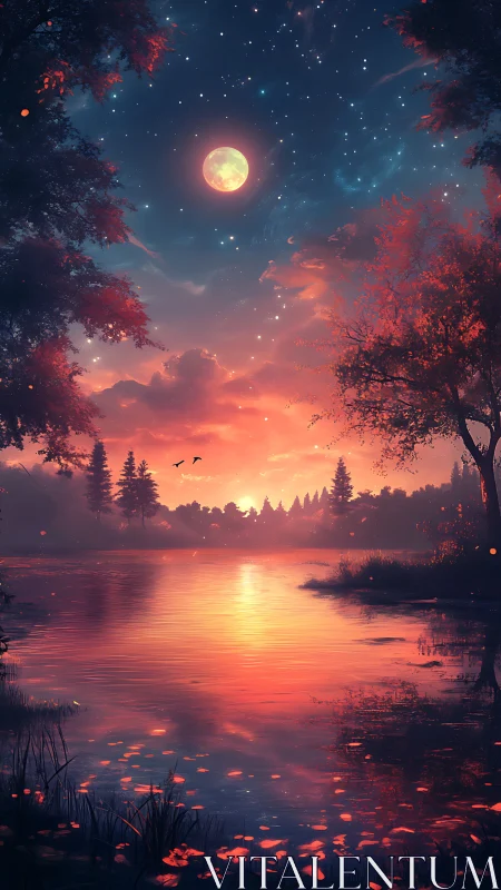 Moonlit lake sunset wrapped in glowing crimson twilight.