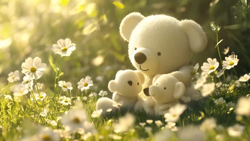 Stuffed bear figures sit among daisies in soft sunlight