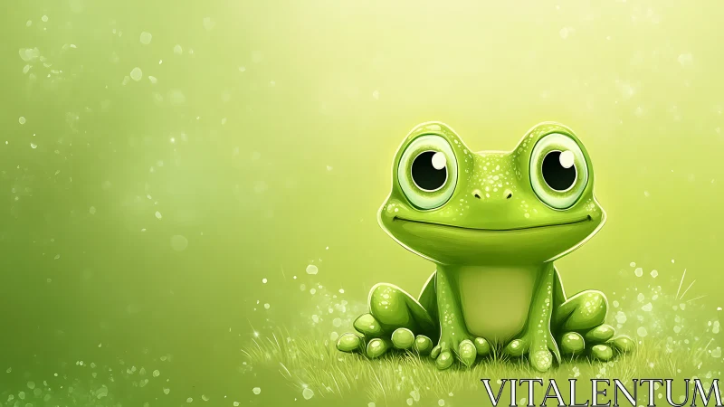 Bright green cartoon frog on dreamy bokeh meadow background.