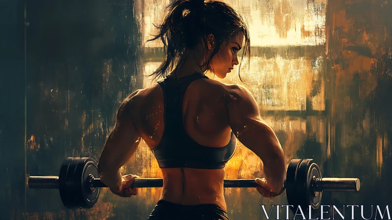 Muscular woman lifting barbell in moody gym, digital art realism.