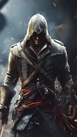 Hooded warrior in weathered leather coat stands in smoke