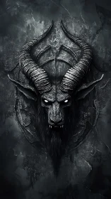 Dark demonic horned head emblem on cracked stone wall.