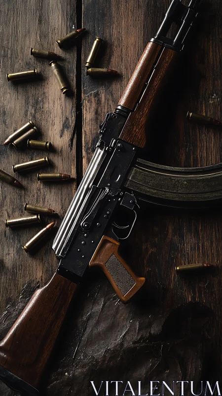 Assault rifle with wood stock and loose rounds on table.