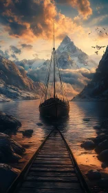 Twilight longship awaiting legends beneath embercloud peaks.