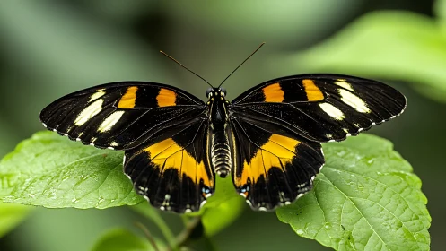 Macro study of black and orange butterfly on green foliage
