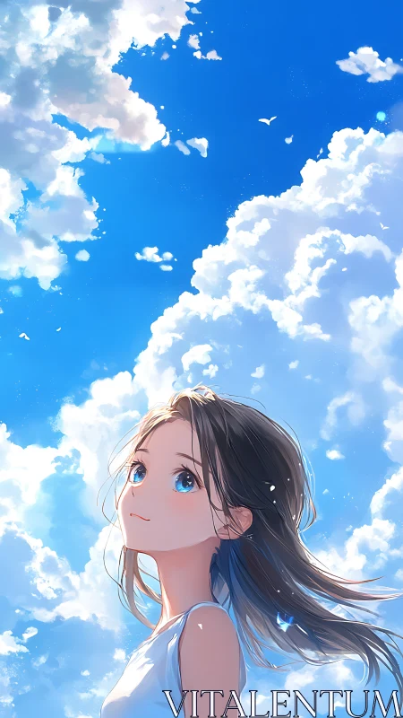 Young girl under expansive blue sky with bright clouds.