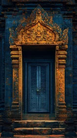 Golden-lit ornate temple doorway with intricate carvings.