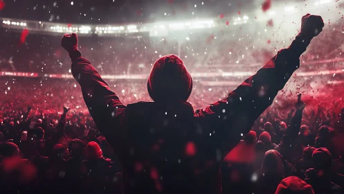 Arms-raised hero crowns a roaring stadium in red haze.