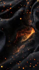 Glowing orange particles scatter across folded dark fabric