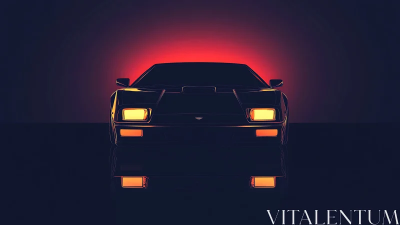 Retro supercar front view under neon sunset glow.