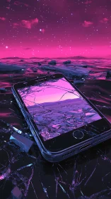 Shattered neon seascape glowing through a broken smartphone screen.