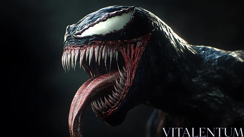 Sinister symbiote snarling in dramatic cinematic close-up.