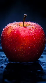 Ruby-skinned apple stands crowned in cool electric midnight dew