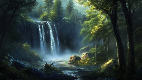 Enchanted Forest Waterfall with Golden Sunlight
