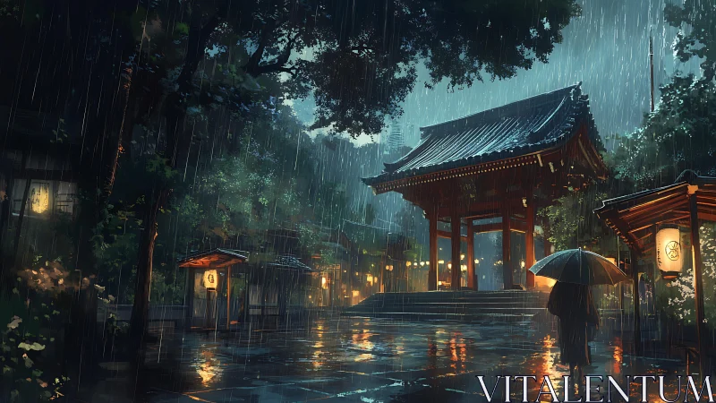 Rain-soaked temple gate in illuminated evening street.