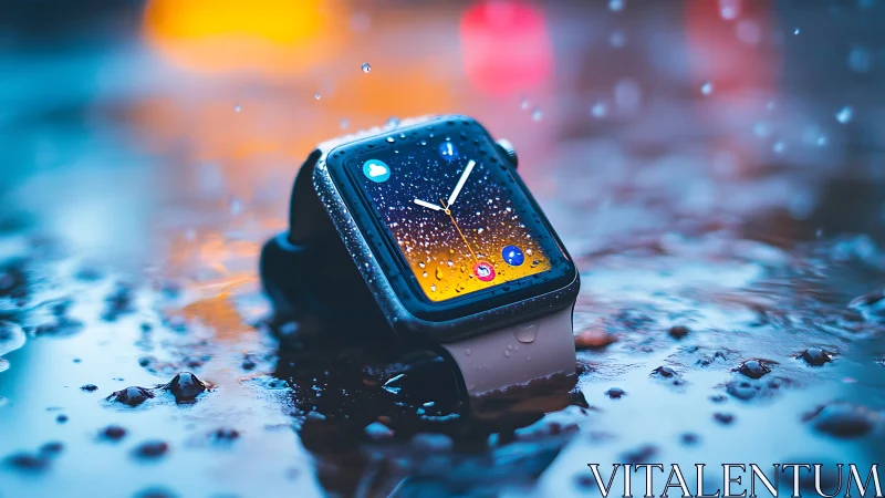 Raindrop-clocked smartwatch glowing in neon puddle dreams.