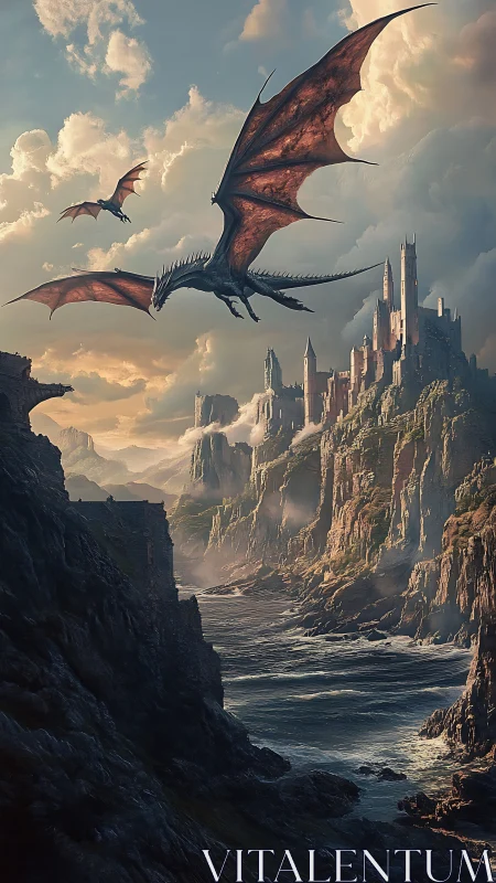Stormlit dragons sweep past cliffside citadel at dusk