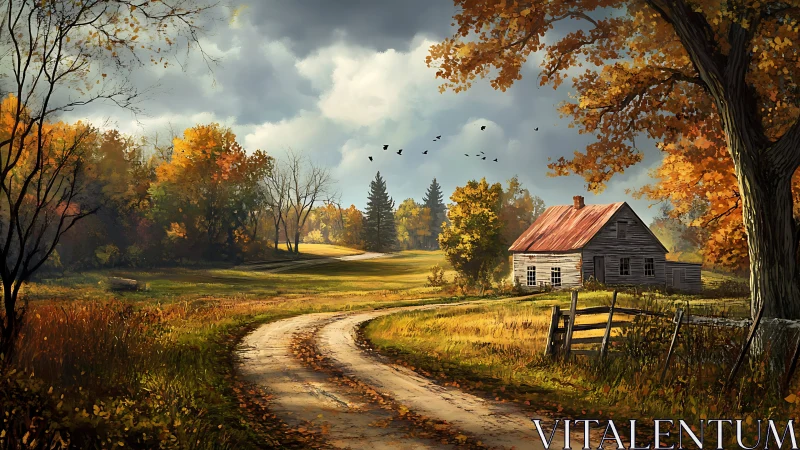 Rural country road leading to old farmhouse in autumn