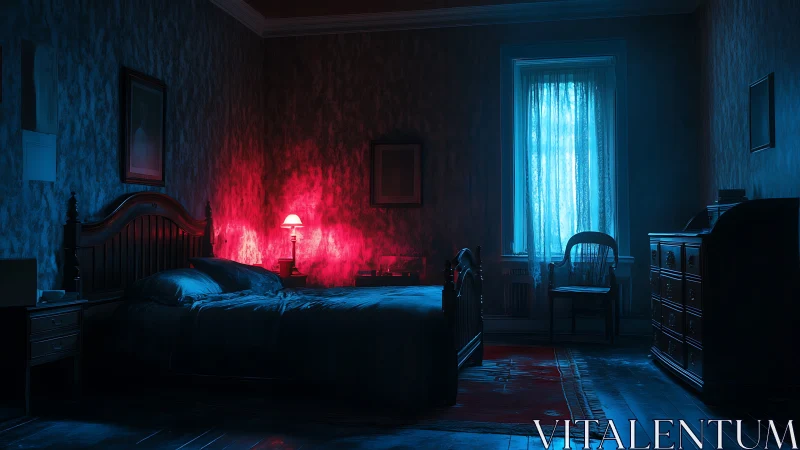 Muted bedroom interior under eerie red and blue light.