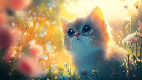 Luminous Kitten in Wildflower Field at Sunrise.