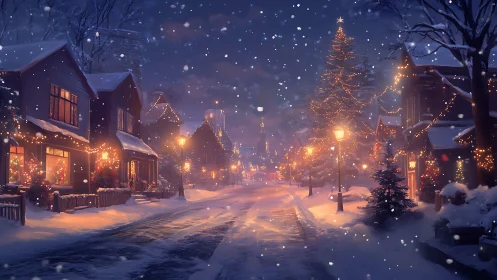 Snowy village street under warm festive Christmas lights.
