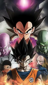 Intense anime fighters stand united with glowing power.