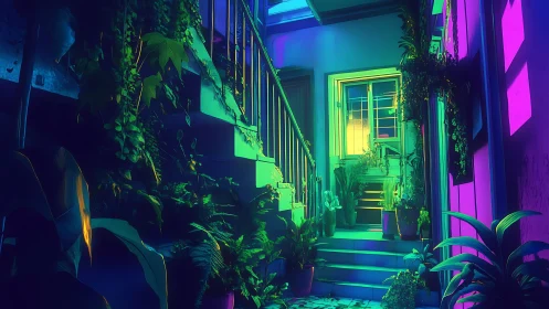 Neon stairwell garden under dramatic bi-color lighting.