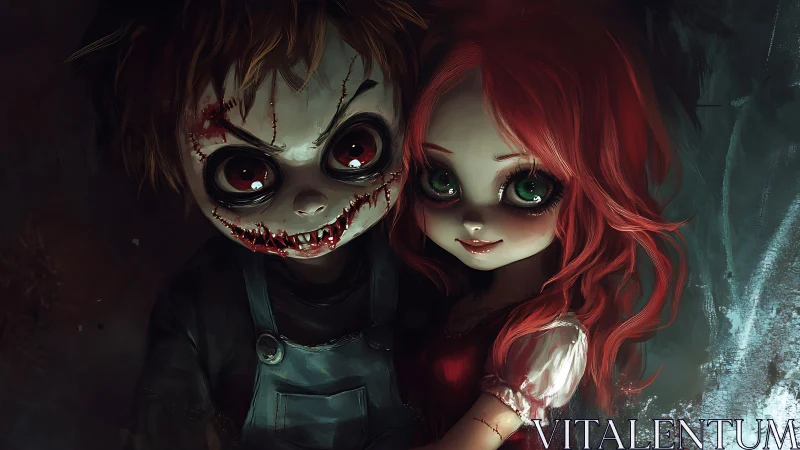 Creepy stylized children stand close together in dark scene