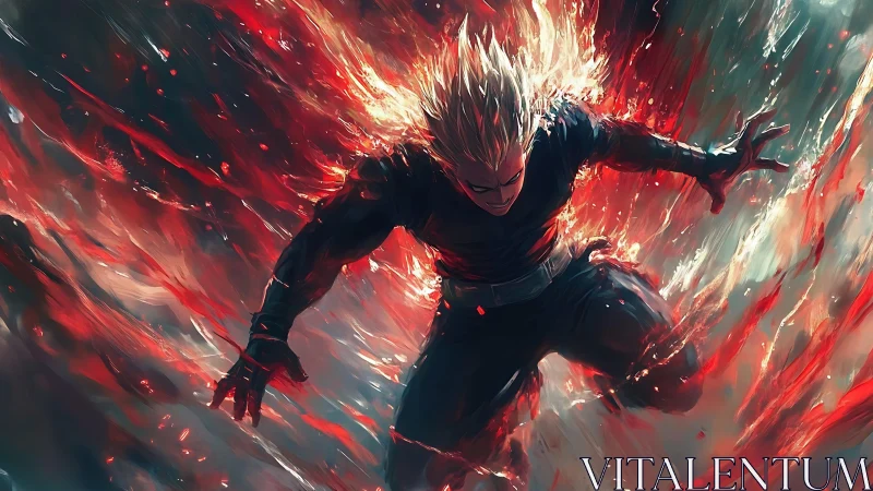 Energetic warrior descends through turbulent red plasma streams