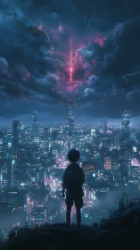 Solitary silhouette overlooking neon city under storm rift.