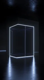 Glowing wireframe cube floats inside dark reflective room