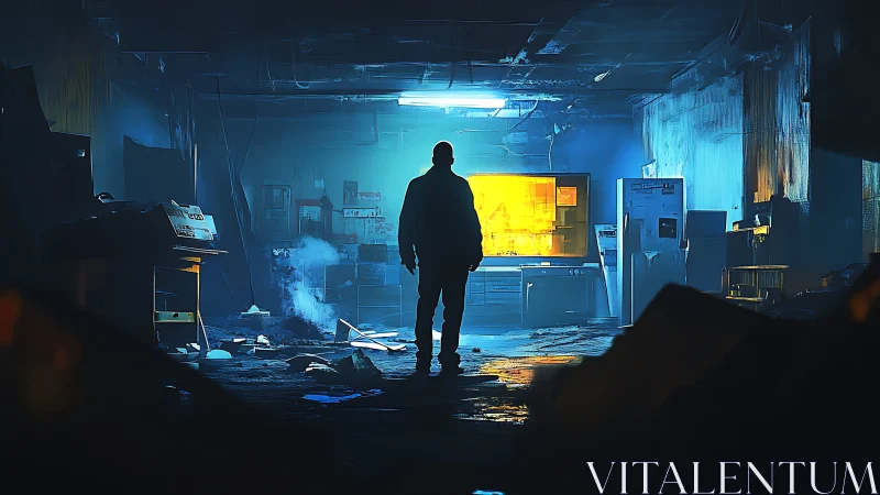 Figure in dim industrial room before glowing monitor screen.