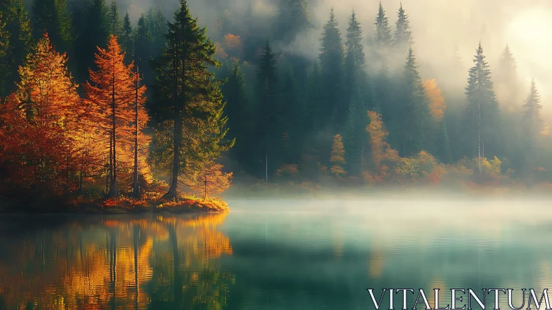 Golden autumn trees glow beside a misty reflective lake.