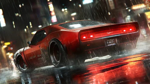 Midnight muscle car gliding through neon city rainstorm.