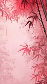 Red bamboo leaves drift softly through rosy morning mist.