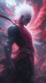 Volatile crimson energy conduit with armored spectral warrior.