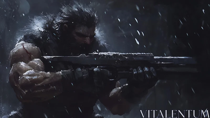 Armored sniper advances through blizzard in dynamic chiaroscuro