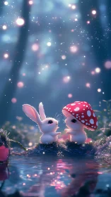 Two small rabbits by water with red mushroom hat in forest.