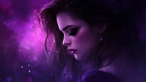 Profile portrait of woman in purple digital lighting.