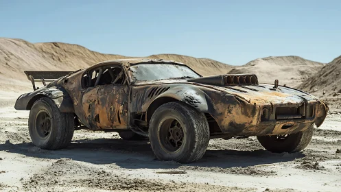 Rust-scarred wasteland muscle car under harsh desert sun.