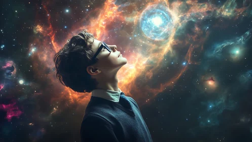 Person in profile views luminous nebula and bright blue star