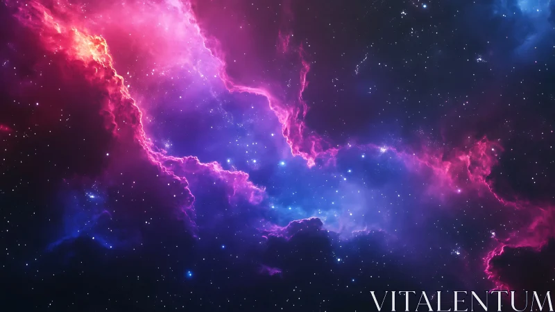 Vibrant pink and blue nebula cuts glowing path through stars