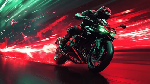 Motorcyclist on sport bike in vivid red light trail scene.