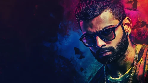 Neon-lit bearded portrait burns through an electric night haze