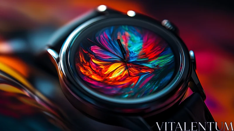 High-gloss wristwatch dial with iridescent abstract radial spectrum