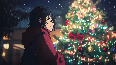 Teen in red coat watches glowing outdoor Christmas tree