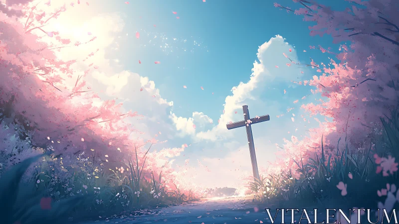 Wooden cross in pink spring meadow under bright sky.